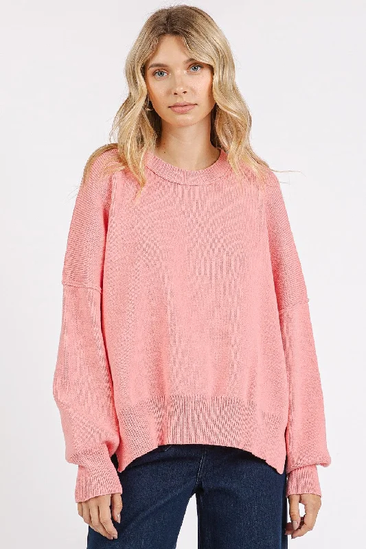 Sweaters outdoor coziness-Mittoshop Side Slit Round Neck Drop Shoulder Sweater