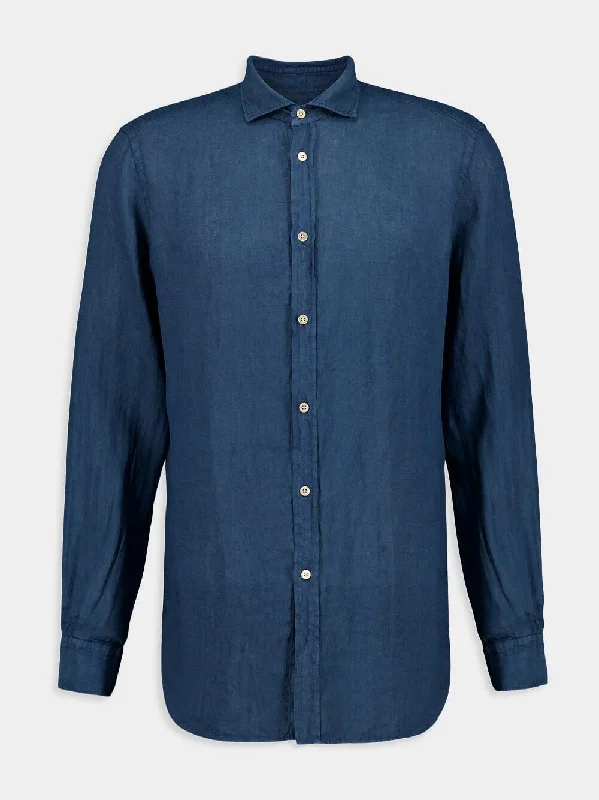 Women's clothing classic wear-Blue Linen Shirt