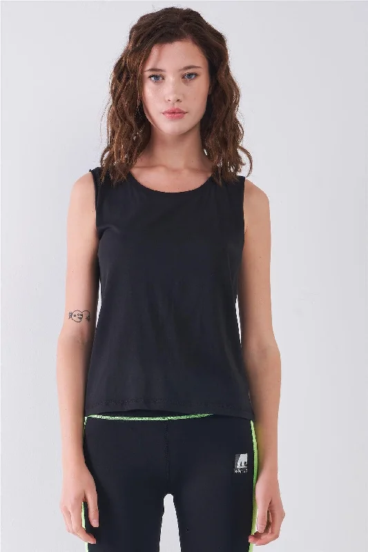 Goth Tops-Black Solid Sleeveless Raw Hem Detail Round Neck Basic Tank Top