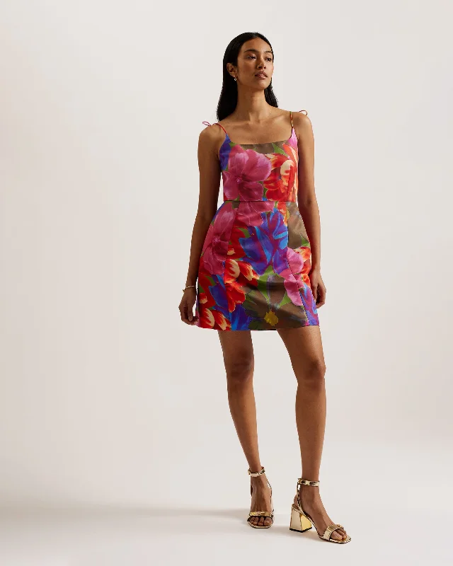 Embroidered art dresses-Jyneen Floral Fitted Bodice Mini Dress Multicol