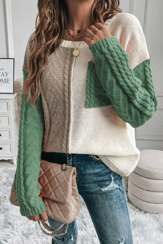 Sweaters indie vibe-Color Block Round Neck Long Sleeve Sweater