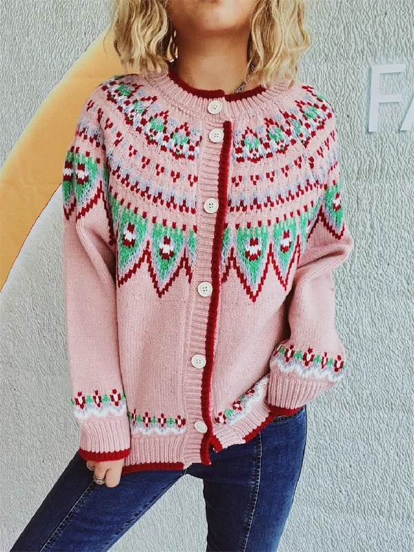 Sweaters breathable charm-Contrast Geometric Round Neck Long Sleeve Cardigan Sweater