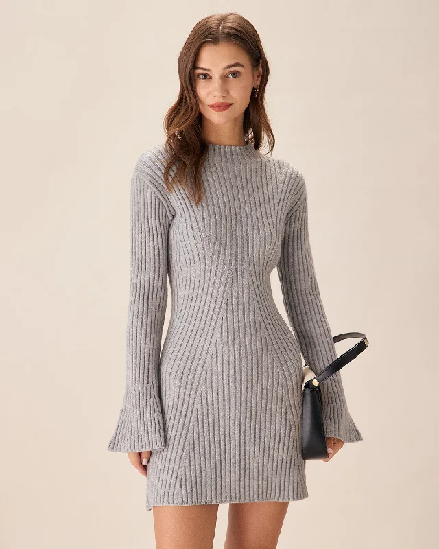 Sweaters clearance hit-Grey Crew Neck Bell Sleeve Sweater Dress