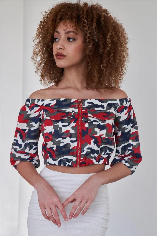 Strength Tops-Navy Red Camo Print Off The Shoulder Cargo Crop Top