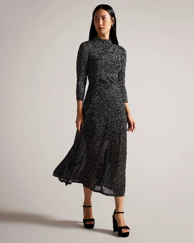 V-neck plunge dresses-Kannie Metallic Knitted Maxi Dress Black