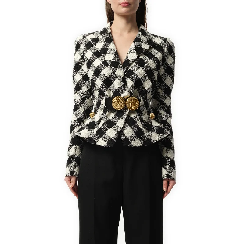 Jackets cave flair-2 Button Escargot Belted Vichy Tweed Jacket in Black/White