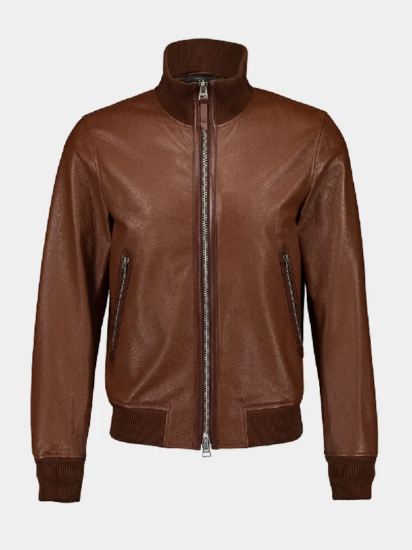 Women's clothing TikTok trends-Tan Grain Leather Track Bomber