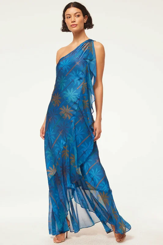 Blue lace dresses-Misa Zephyr Dress in Cobalt Palms Mix