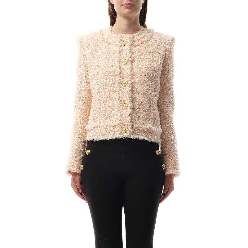 Jackets clover luck-5 Button Collarless Tweed Jacket in Rose/Beige