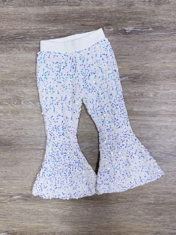 Bottoms with flat front-White Sequin Holiday Sparkle Girls Bell Bottom Pants