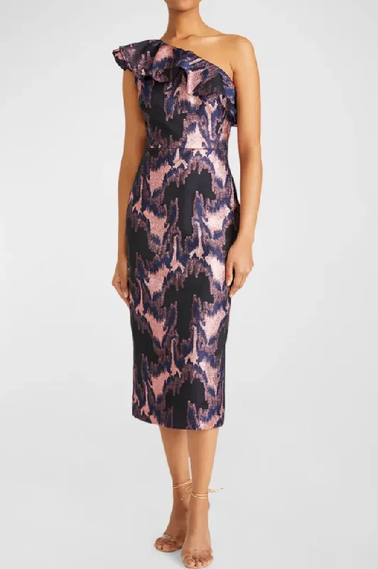 Lavender sweet dresses-Monique Lhuillier Lina Jacquard Midi Dress in Navy/Rose Gold