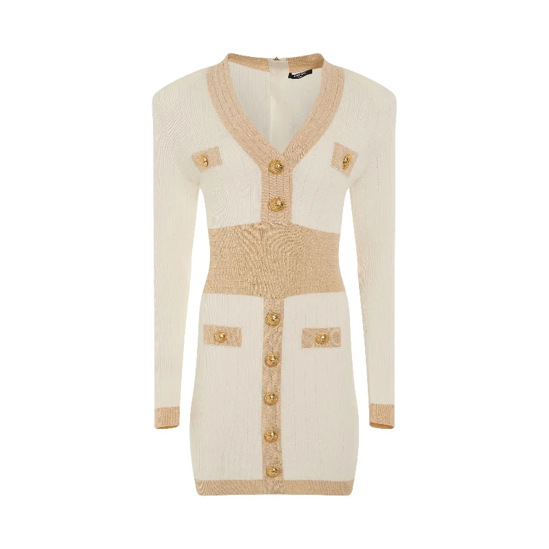 Refined elegant dresses-Long Sleeve V-Neck Golden Edge Knit Dress in Natural/Gold