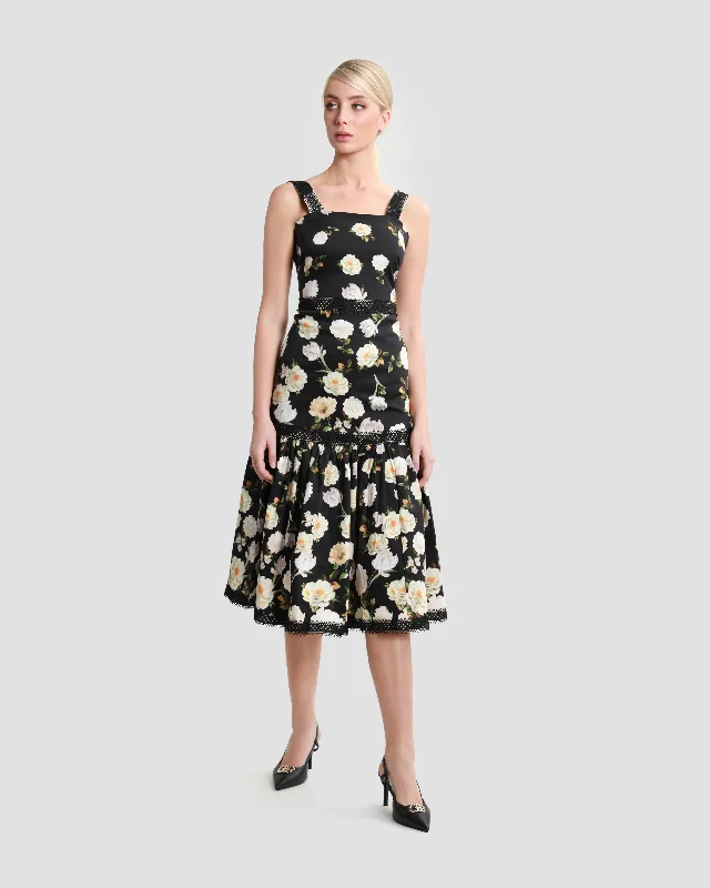 Sleek cocktail dresses-Floral Print Sleeveless Midi Dress