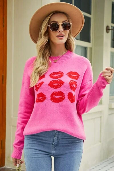 Sweaters luxury feel-Contrast Lip Pattern Round Neck Slit Sweater