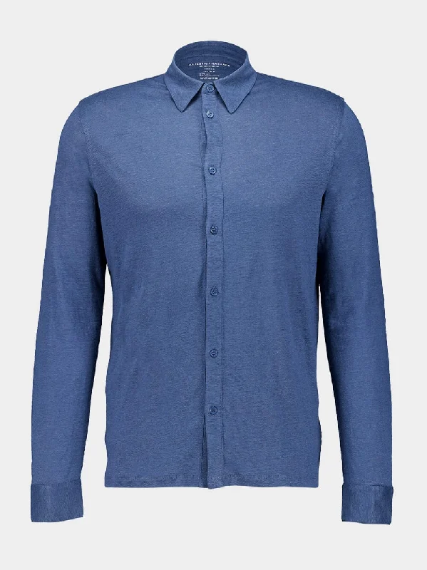 Women's clothing premiere-Taormina Blue Long-Sleeved Linen Shirt