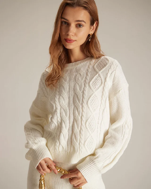 Sweaters luxe finish-The Beige Round Neck Ribbed Cable Sweater