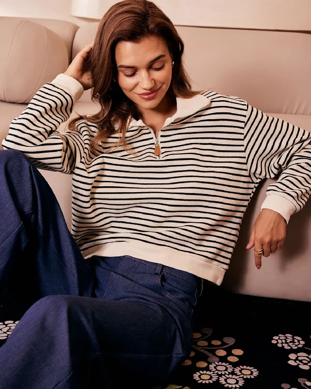 Mid-length hoodies & sweatshirts-The Apricot Lapel Scalloped Striped Sweatshirt