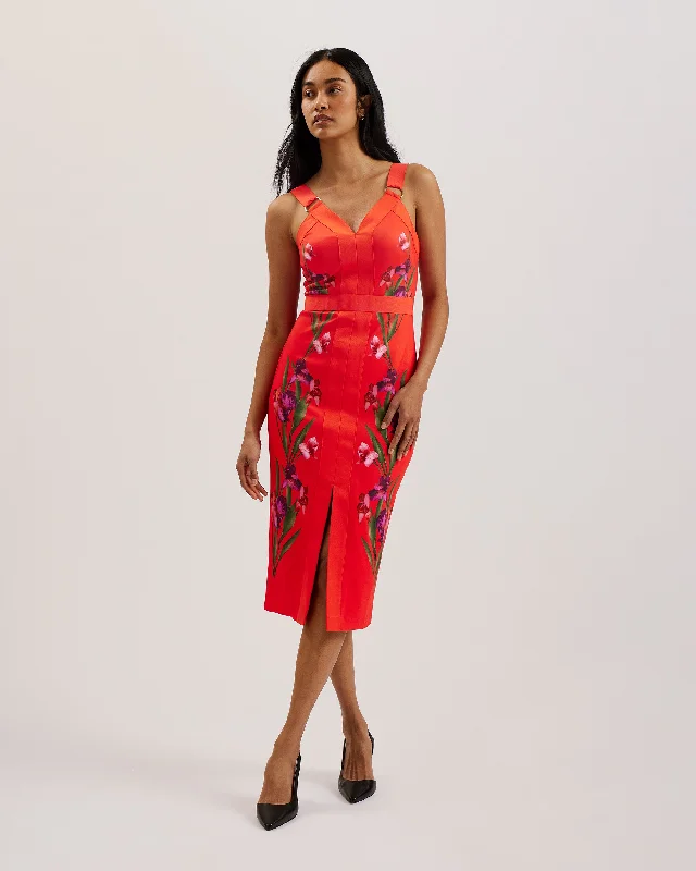 Leather edge dresses-Maceio Printed Bodycon Midi Dress Brt-Red