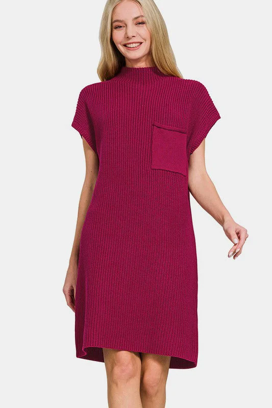 Sweaters all-day wear-Zenana Mock Neck Short Sleeve Sweater Dress