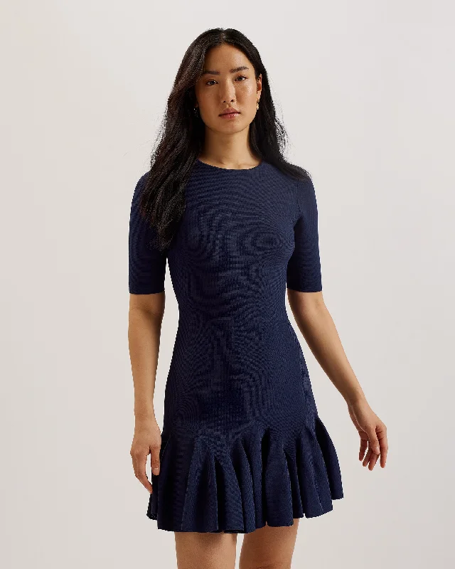 Beaded glamour dresses-Alzann Mini Skater Dress Navy