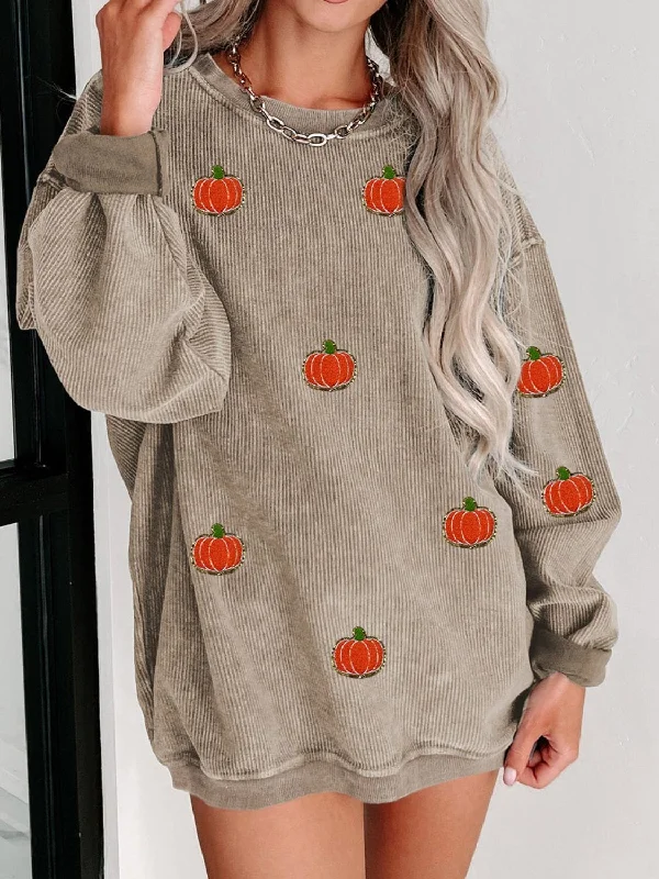 Performance hoodies & sweatshirts-Sequin Pumpkin Round Neck Long Sleeve Sweatshirt