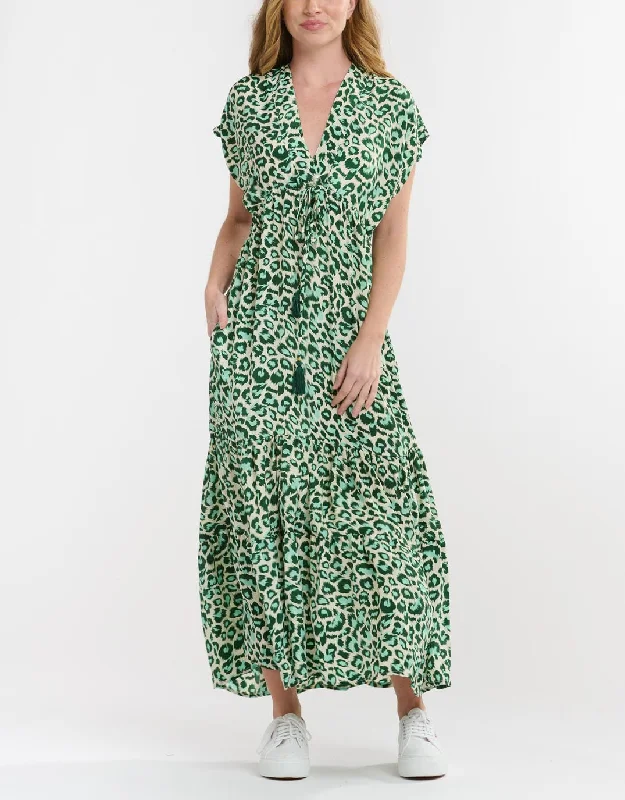 Maternity glow dresses-Patchwork Midi Dress - Green Leopard