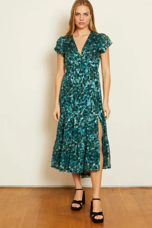 Boho tiered dresses-Cabalero Mia Emerald Burnout Dress