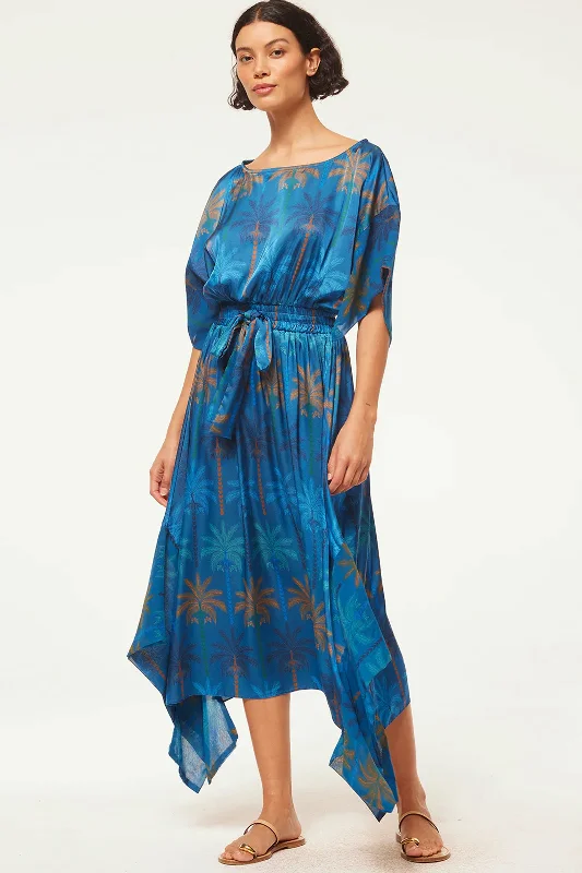 Yellow cotton dresses-Misa Martina Dress in Cobalt Palms Mix