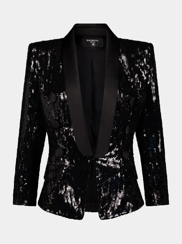 Women's clothing favorites-Black Sequined Blazer with Shoulder Pads