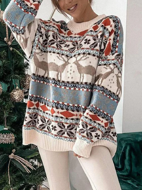 Sweaters party ready-Geometric Round Neck Dropped Shoulder Sweater