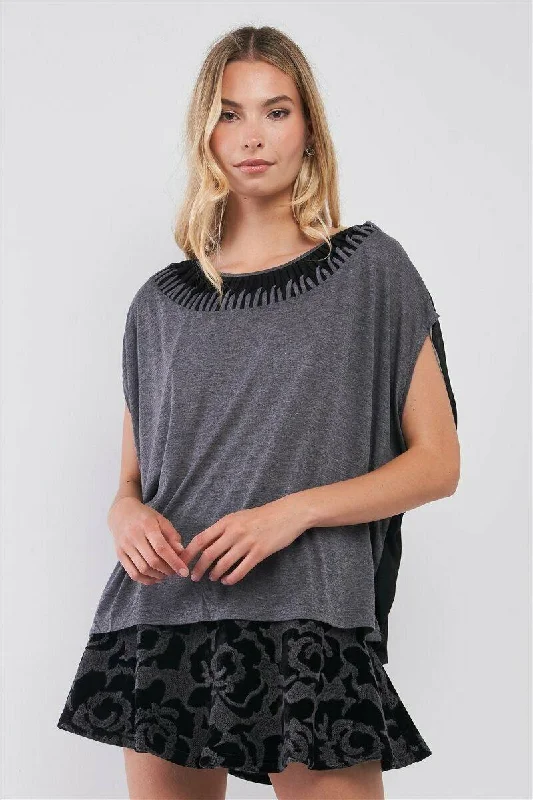 Wine Tops-Grey & Black Color Block Interlocking Trim Neckline Mesh Back Detail Loose Fit Top