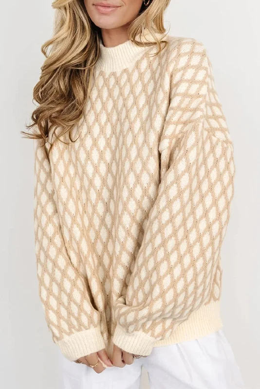 Sweaters soft wrap-Diamond Pattern Mock Neck Long Sleeve Sweater