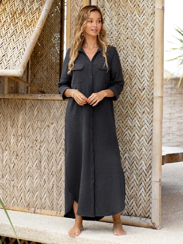 Olive cool dresses-Valentina Linen Blend Shirt Dress Charcoal