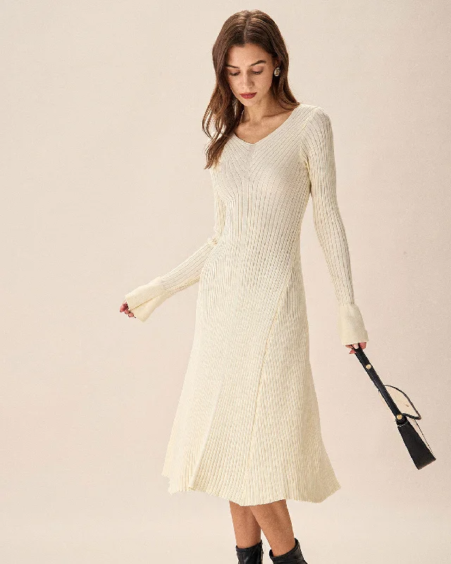 Sweaters unique glow-Apricot V-Neck Bell Sleeve Sweater Dress