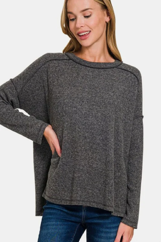 Sweaters rare chic-Zenana Full Size Exposed Seam Brushed Round Neck Sweater