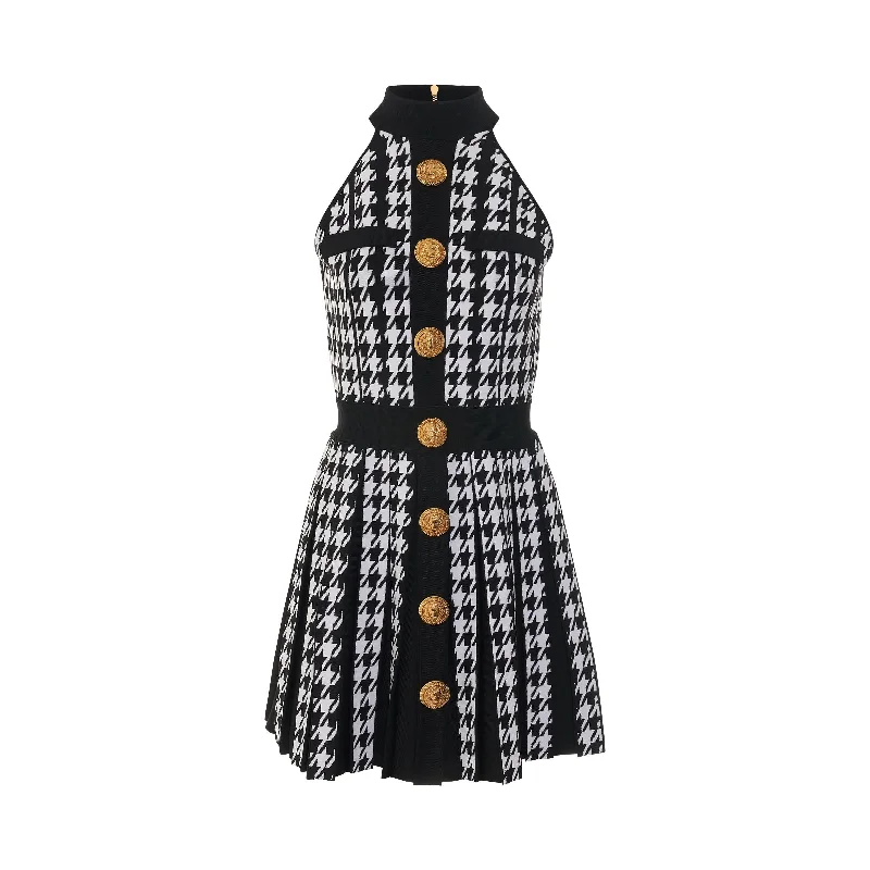 Black velvet dresses-Sleeveless Houndstooth Pleated Dress in Black/White