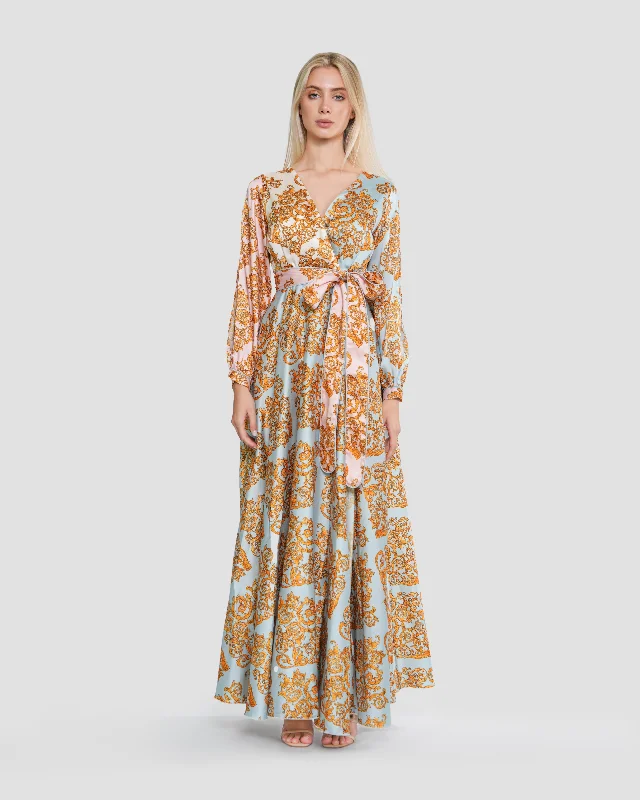 Stylish fit and flare dresses-Baroque Motif Wrap-Effect Maxi Dress