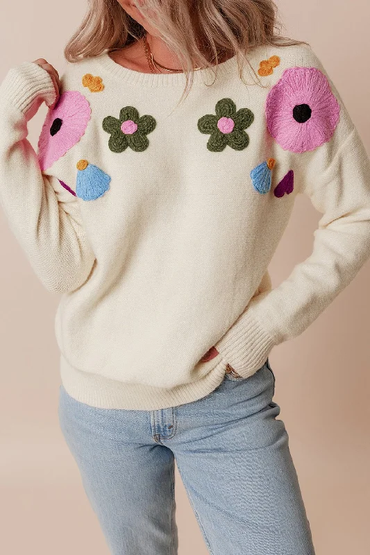 Sweaters innovative knit-Crochet Flower Round Neck Dropped Shoulder Sweater