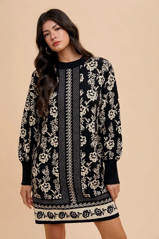 Sweaters packable fit-Annie Wear Floral Jacquard Round Neck Sweater Dress