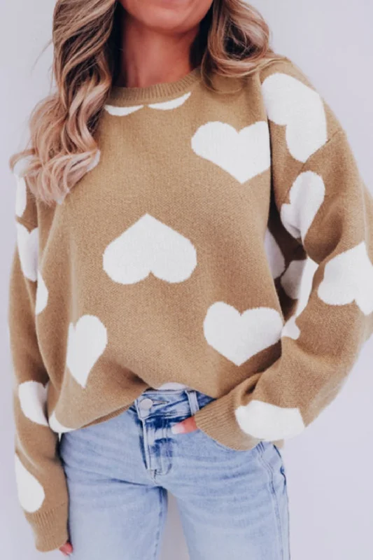 Sweaters sweat-resistant-Heart Round Neck Long Sleeve Sweater