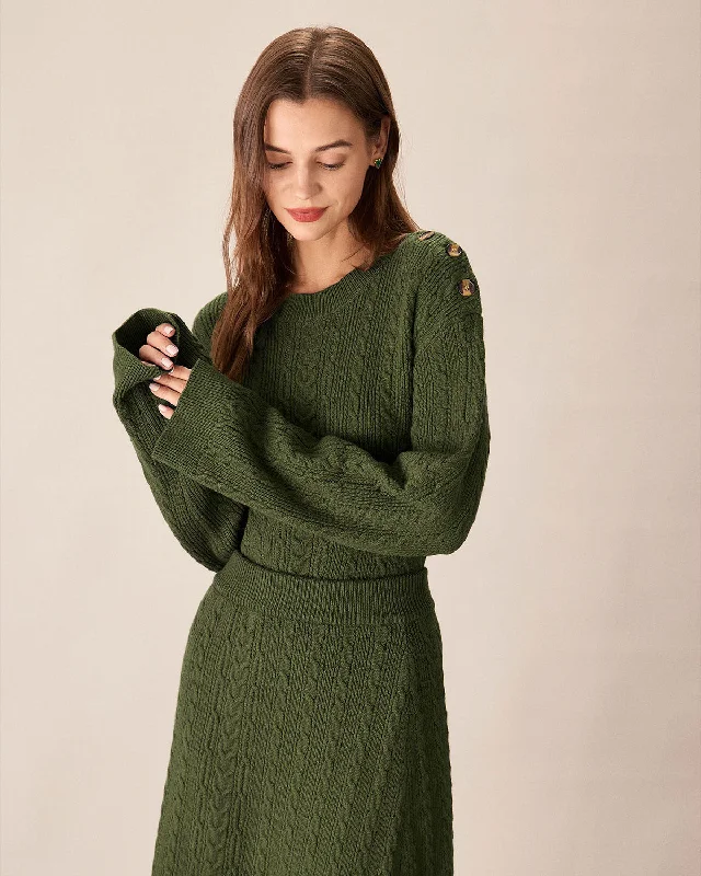 Sweaters thrift find-Green Round Neck Loose Button Sweater