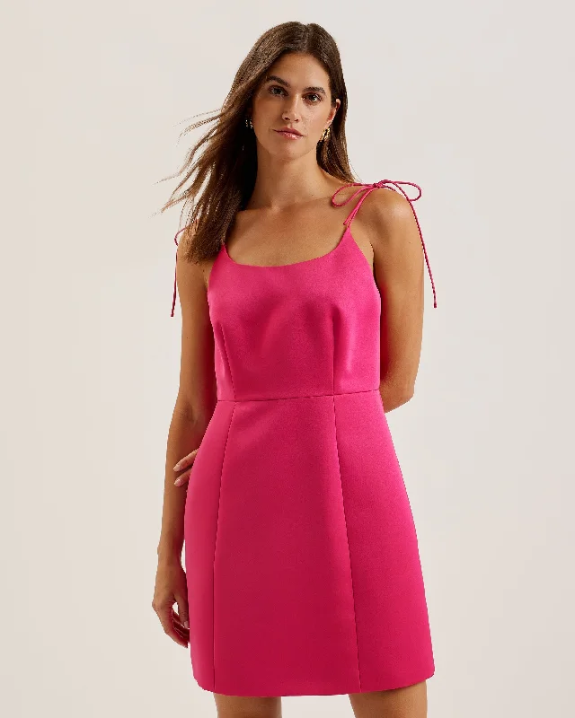 Dynamic colorblock dresses-Kavala Tie Strap Bodice Waist Mini Dress Fuchsia