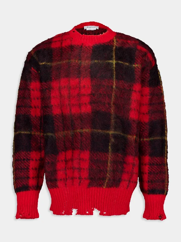 Women's clothing faded looks-Red Tartan Oversized Mohair Distressed Jumper