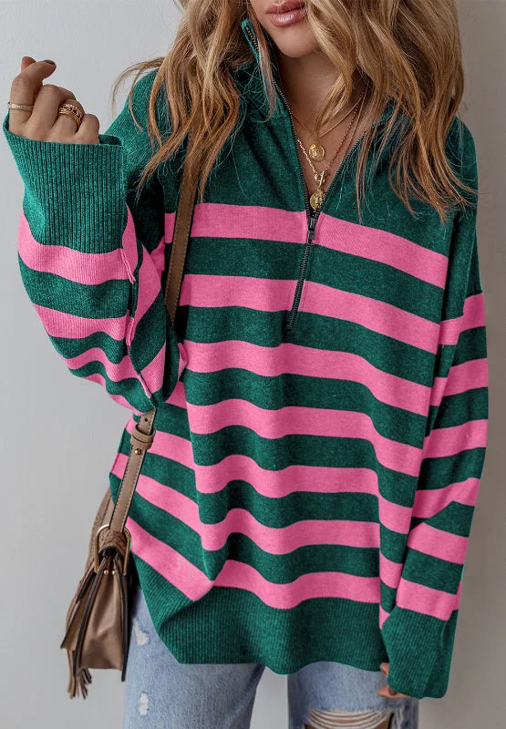 Sweaters budget buy-Contrast Striped Quarter Zip Long Sleeve Sweater