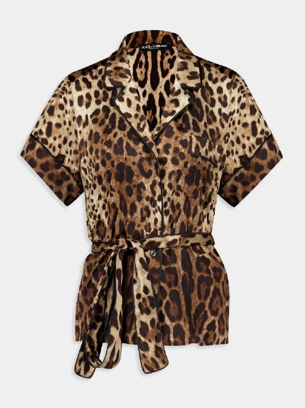 Women's clothing marketplace-Leopard Print Belted Silk Shirt