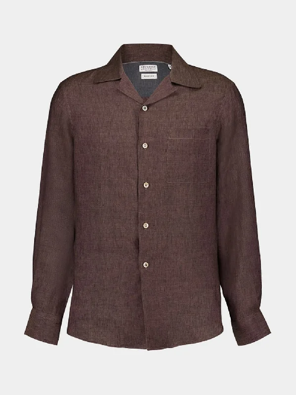 Women's clothing dinner look-Brown Linen Button-Up Shirt