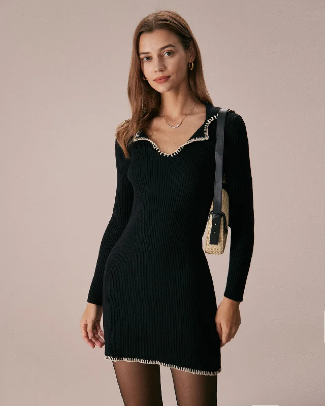 Sweaters lasting wear-The Black Contrast Stitch Sweater Mini Dress