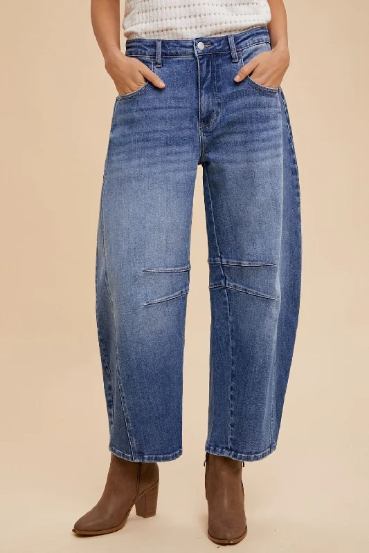 Bottoms with straight leg-Annie Wear Mid Rise Barrel Leg Jeans with Pockets