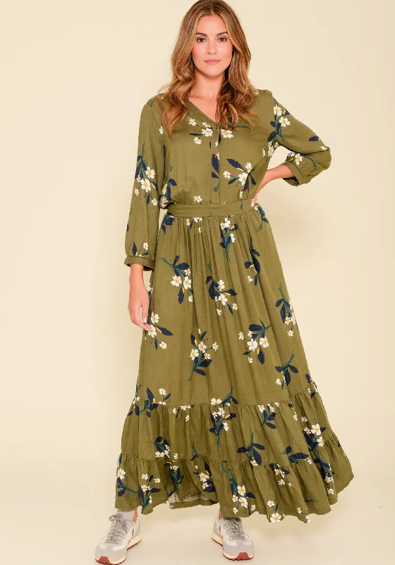 Concert edgy dresses-Primrose Olive Maxi Shirt Dress