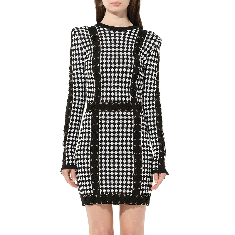 Neutral gray dresses-Maille Knit Dress in Black/White Check